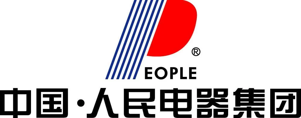 Logo featuring a large red "P" overlapping blue vertical stripes, with the text "PEOPLE" beneath and the Chinese characters "中国·人民电器集团" underneath the English text, representing China People's Electric Group.