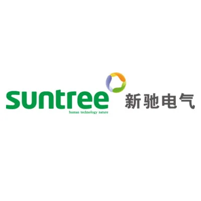 Logo of Suntree Electric featuring the company name in green with a multicolored circular symbol, and Chinese characters to the right. The tagline "human technology nature" is in small text below the name.