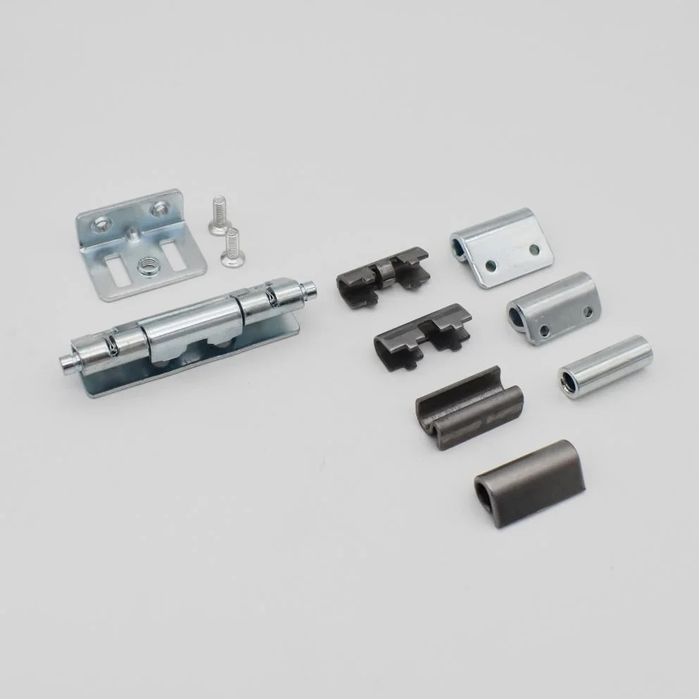 The Hinge AE new mechanism, featuring an assortment of components such as metal brackets, screws, and cylindrical parts in various colors, is neatly arranged on a white background.
