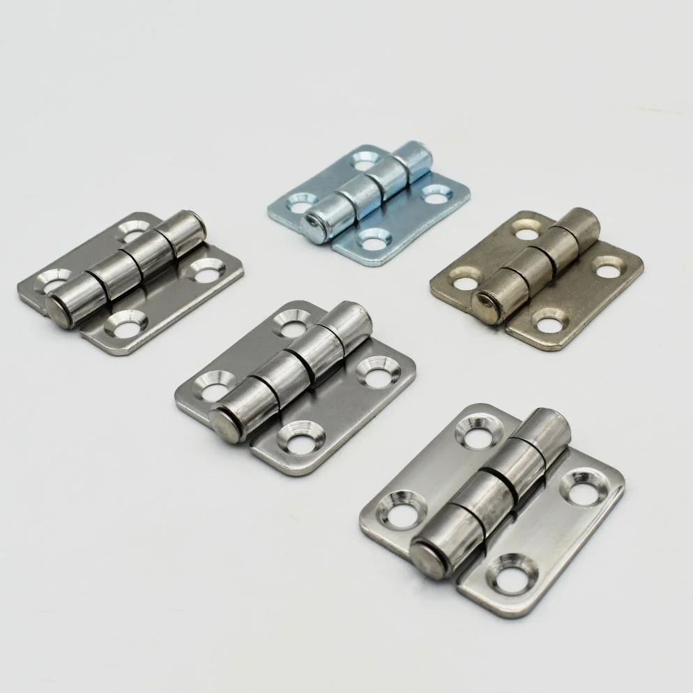 Five Hinge CL253-1 metal door hinges in different colors arranged in a semi-circle on a white background.