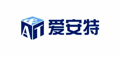 The image displays the 爱安特 LOGO, featuring a blue cube with the letters "A", "I", and "T", accompanied by Chinese characters in blue text.