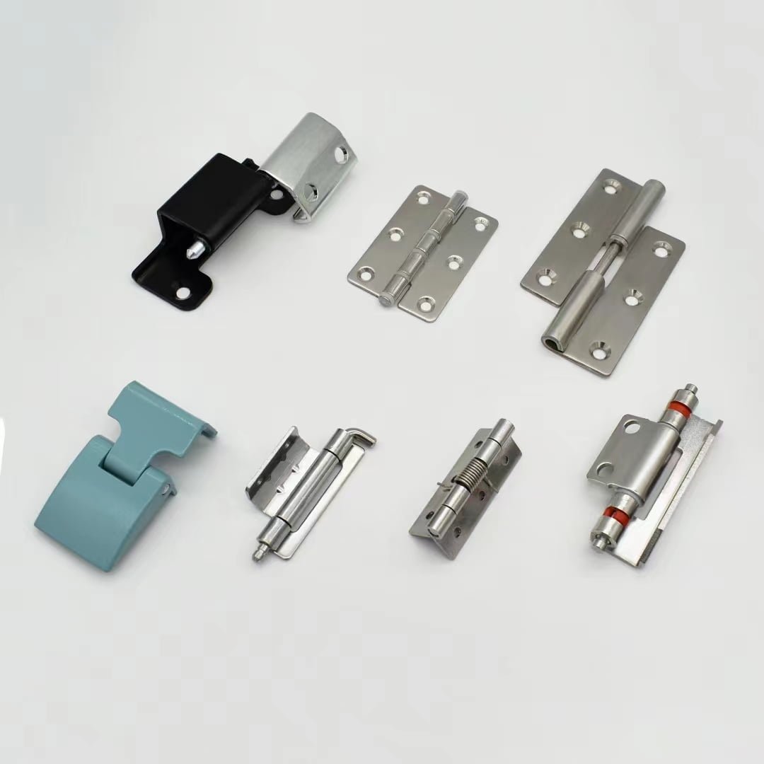 Various metal hinges, joints of different shapes and sizes, and a Liang Jiang Cabinet Lock are displayed on a plain white background.