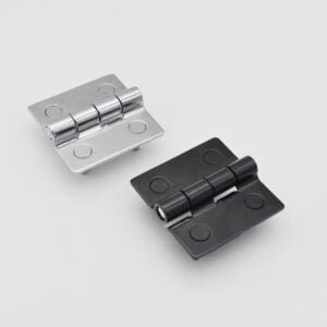 Here is the rewritten sentence using the given product data:Two door hinges from Product Name 1, crafted from stainless steel 304 and carbon steel, rest side by side on a white background — one in sleek silver, the other in bold black.