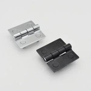 Here is the rewritten sentence using the given product data:Two door hinges from Product Name 1, crafted from stainless steel 304 and carbon steel, rest side by side on a white background — one in sleek silver, the other in bold black.