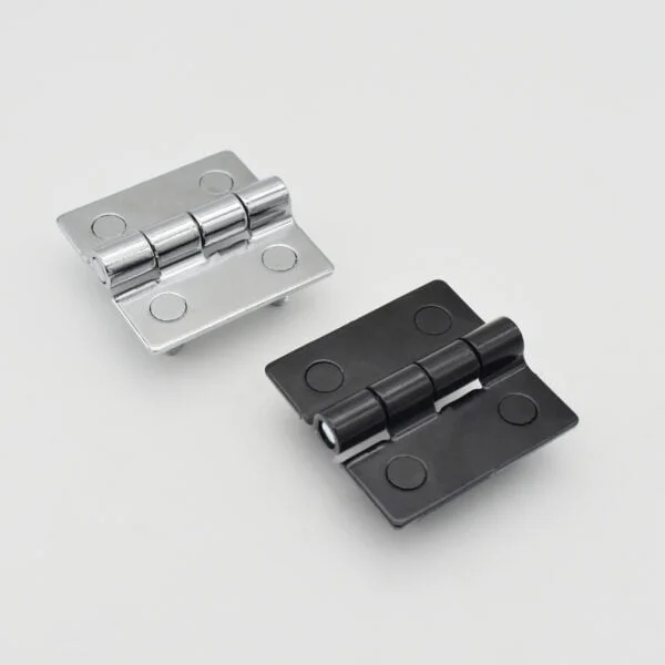 Here is the rewritten sentence using the given product data:Two door hinges from Product Name 1, crafted from stainless steel 304 and carbon steel, rest side by side on a white background — one in sleek silver, the other in bold black.