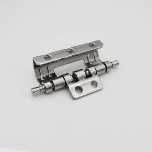 Close-up of the 10-0 silver metal hinge, featuring screws and mounting holes, designed for mechanical use or assembly.