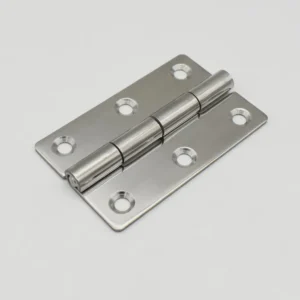 The 102-0 stainless steel door hinge, featuring six screw holes with three on each leaf, is laying flat on a white surface.