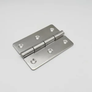 A 104-0 stainless steel door hinge with six screw holes, showcased on a white background.