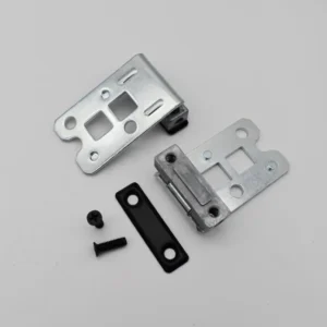 Two metal brackets, a black plastic piece, and two screws from the product 108-0 are arranged on a white background.