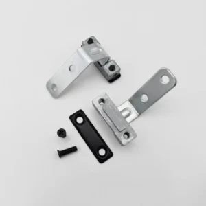 The 109-0 product, consisting of two metal hinge brackets, a black plastic piece, and two screws, is arranged on a white background.
