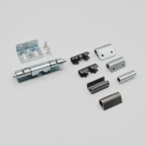 A collection of 110-0 metal hinge parts and brackets arranged on a white background.