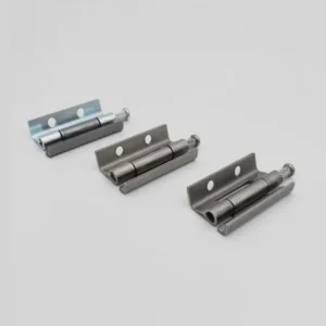 Three 111-0 metal cabinet hinges arranged in a row against a plain white background. The hinges vary in color, with one being silver and the others in darker shades.
