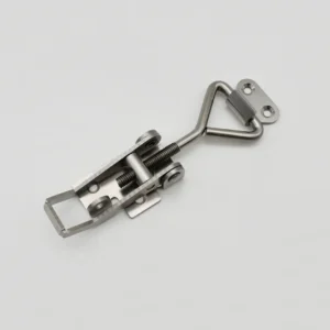 Product Description: The 117-0 is a silver metal latch featuring a triangular handle, complete with screws, all showcased against a white background.