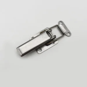 Close-up of the 120-0 silver metal latch clamp featuring a rectangular base with two mounting holes, lying on a plain white surface.