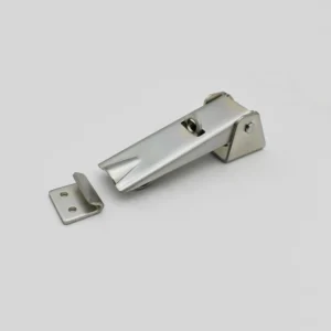 A silver metal latch and strike plate from the product 123-0 are shown against a plain, light grey background.