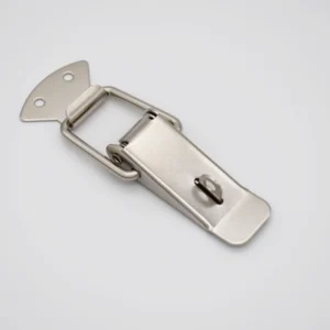 The product, 128-0, is a metallic latch clasp featuring a triangular mounting plate with two screw holes, set against a plain white background.