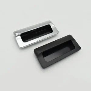 Two handles labeled as model 145-0, designed for recessed cabinet doors in a rectangular shape, one featuring a chrome finish and the other in matte black, set against a simple white background.