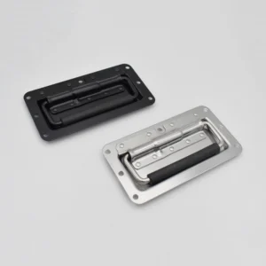 Two rectangular recessed handles from product 150-0, one in black and the other in silver, placed side by side on a plain background.