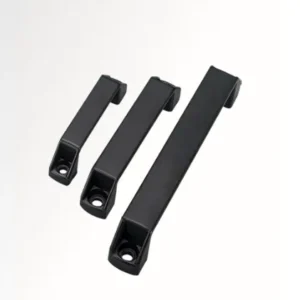 Three handles from the 155-0 collection are arranged vertically against a plain background, featuring a sleek black metal finish and varying lengths.