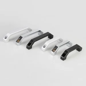 Five 156-0 metal door handles in silver and black arranged in a row on a gray background.
