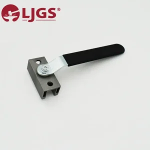 The 169-0 metal L-shaped bracket features a black rubber handle and two bolt holes, resting on a white surface with the logo positioned in the top left corner.