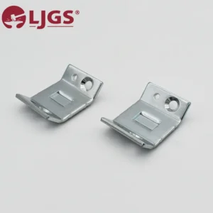 Two metal mounting brackets, featuring square slots and round holes, are placed against a gray background with the LJGS logo in the top left corner, and are identified as Product 174-0.