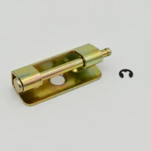 A small 2-0 metal hinge with a cylindrical pin and a separate black C-shaped clip on a plain background.