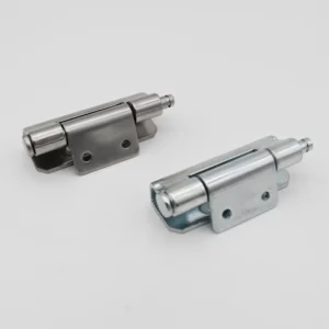 Two 31-0 metallic spring door hinges placed on a white surface.