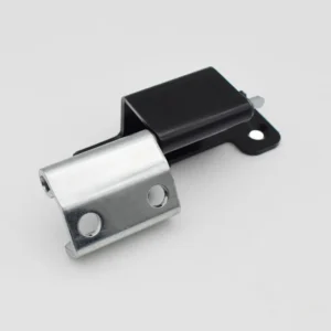 The 34-0 metal hinge features a black and silver finish and includes two circular holes for mounting.