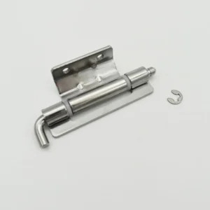 The 35-0 hinge plate features a metal detent pin, two mounting holes, and comes with a small, separate retaining clip, all showcased on a white background.