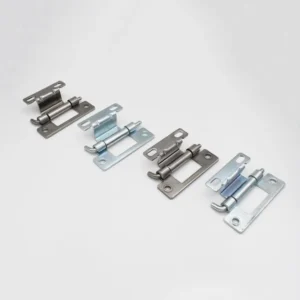 Four metal 36-0 hinges of varying sizes and finishes are arranged in a line against a plain white background.