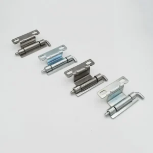 Five 38-0 metal cabinet hinges of varying colors and finishes are aligned in a diagonal row on a white surface.