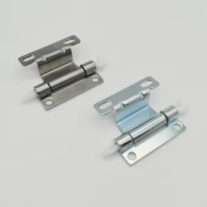 Two 39-0 metal door hinges with spring mechanisms are placed on a white background. One hinge is stainless steel, and the other appears to be zinc-plated. Both have mounting holes and white plastic tips.