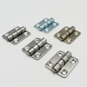 A set of five 41-0 metal hinges, each in different finishes, arranged on a white surface.