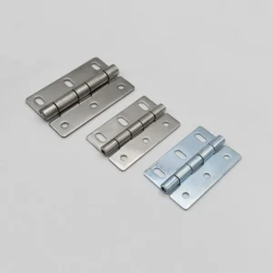 Three 42-0 metal door hinges of varying sizes are placed on a flat, light gray surface. Each hinge features four screw holes for mounting.
