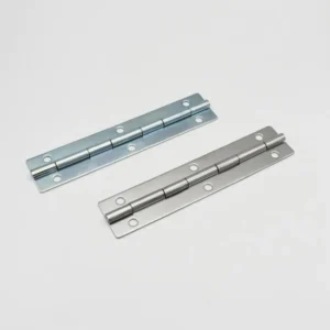 Two metallic piano hinges, identified as model 45-0, are placed side by side on a plain white background. One hinge features a silver finish, while the other displays a darker metallic finish. Each hinge includes multiple screw holes for mounting.
