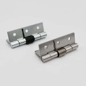 Two metal hinges, named 46-0, one silver and one grey, each featuring four mounting holes and a coiled spring mechanism in the center, displayed on a plain white background.
