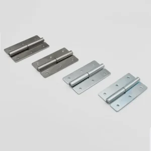 A set of four 47-0 metal door hinges, featuring two in a darker finish and two in a lighter finish, neatly arranged in a row on a white background.