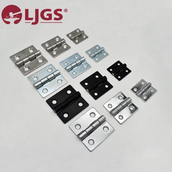 Displayed on a white surface with the LJGS logo in the top left corner is a range of 5 (5) metal hinges, including options made from Carbon Steel and Stainless Steel 304, available in various sizes and finishes like silver and black.