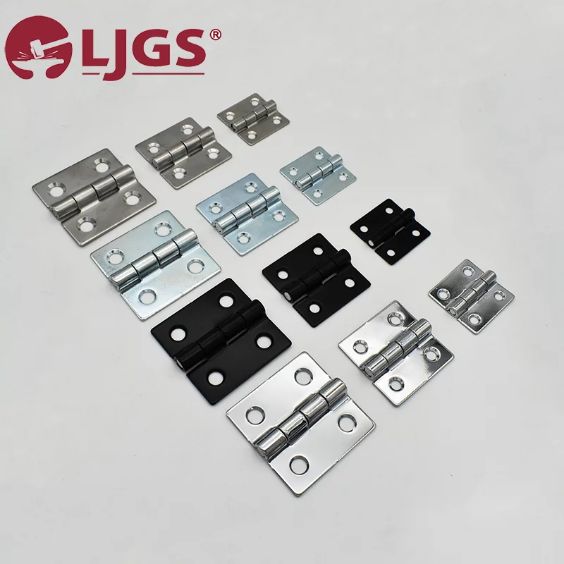A collection of 5 (5) metal hinges, made from carbon steel and stainless steel 304, is displayed on a white surface. They come in different sizes and finishes, with options in silver and black. The LJGS logo is prominently positioned in the top left corner.