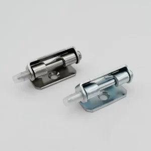 Two hinges labeled as 50-0, featuring silver metal and cylindrical components, are positioned on a white background. Each hinge includes a mounting plate with pre-drilled holes designed for screws.
