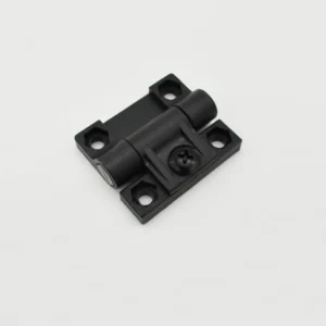 The 55-0 is a small, rectangular black hinge with a cylindrical center and four screw holes, displayed against a white background.