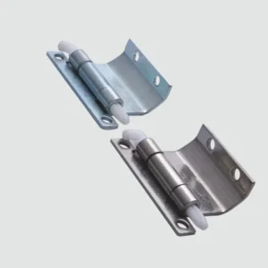 The 57-0 product is depicted as two metal spring-loaded door hinges featuring cylindrical pins and white end caps, set against a plain background. Each hinge includes two mounting holes on the baseplates.