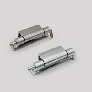 Two metallic hinge components, labeled as 59-0, are placed on a light gray surface, showcasing their mechanical design and construction.