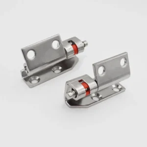 The 6-0 hinges, featuring rotating parts and screw holes, are shown on a white background with a silver finish and red accents.
