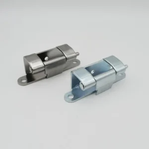Two **60-0** metal roller catch latches on a light grey background, one silver and one zinc-plated, each equipped with a mounting plate and two rollers designed for securing doors or panels.
