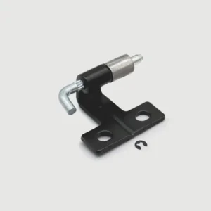 The 61-0 product is a black metal hinge bracket featuring two holes and an attached cylindrical silver pivot, accompanied by a small horseshoe-shaped clip, all showcased on a plain white background.