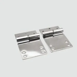 The 63-0 product showcases two gleaming, silver metal hinges, each featuring four screw holes, and arranged flat against a white background.