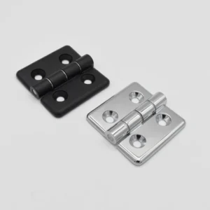The product image displays two 73-0 metal door hinges on a white background. One hinge is black, and the other is silver, each featuring four screw holes.