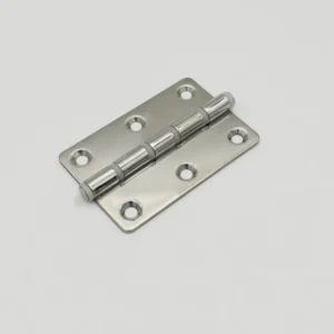 A 76-0 metallic door hinge with eight screw holes, lying on a white surface.